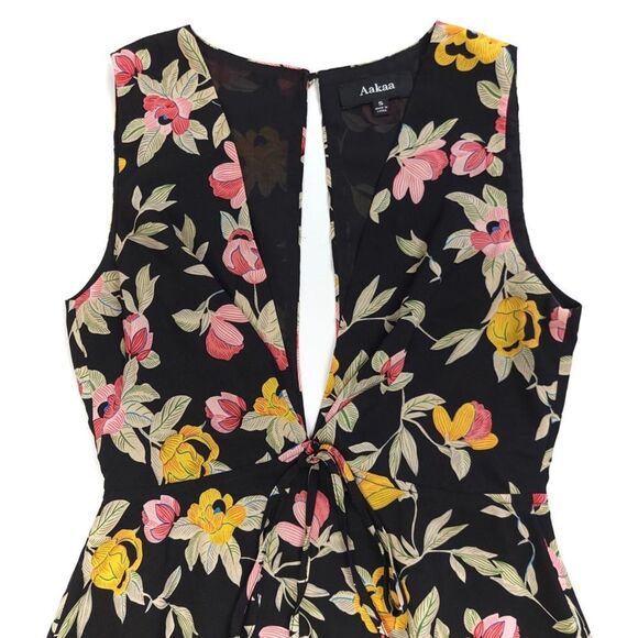 AAKAA Plunge Front Cutout Fit and Flare Mini Dress in Black Floral Womens Small - Picture 5 of 10